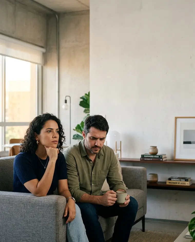 Casal refletindo sobre decisões financeiras
