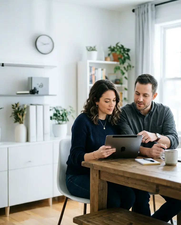 Casal acompanhando o plano financeiro em um tablet